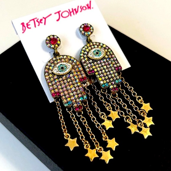 New Betsey Johnson Pavé Hamsa Hand Drop Earrings - Picture 6 of 9